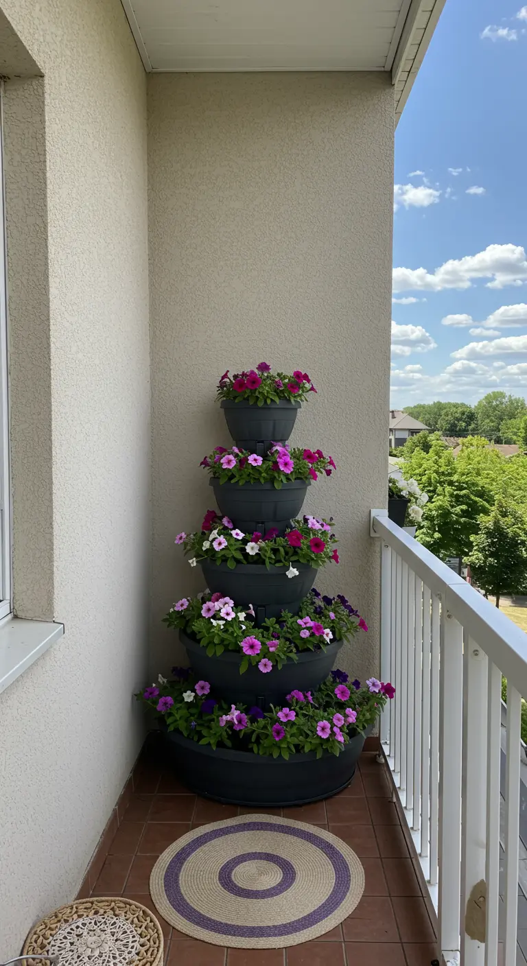 Balcon avec une grande tour de jardinières empilées, remplie de fleurs colorées.