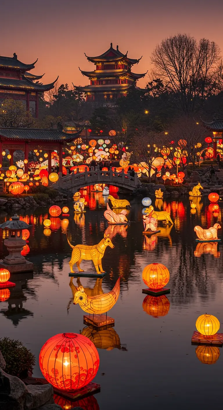 Festival de lanternes asiatiques flottant sur un lac avec des lumières colorées, des sculptures lumineuses d'animaux et des temples en arrière-plan.