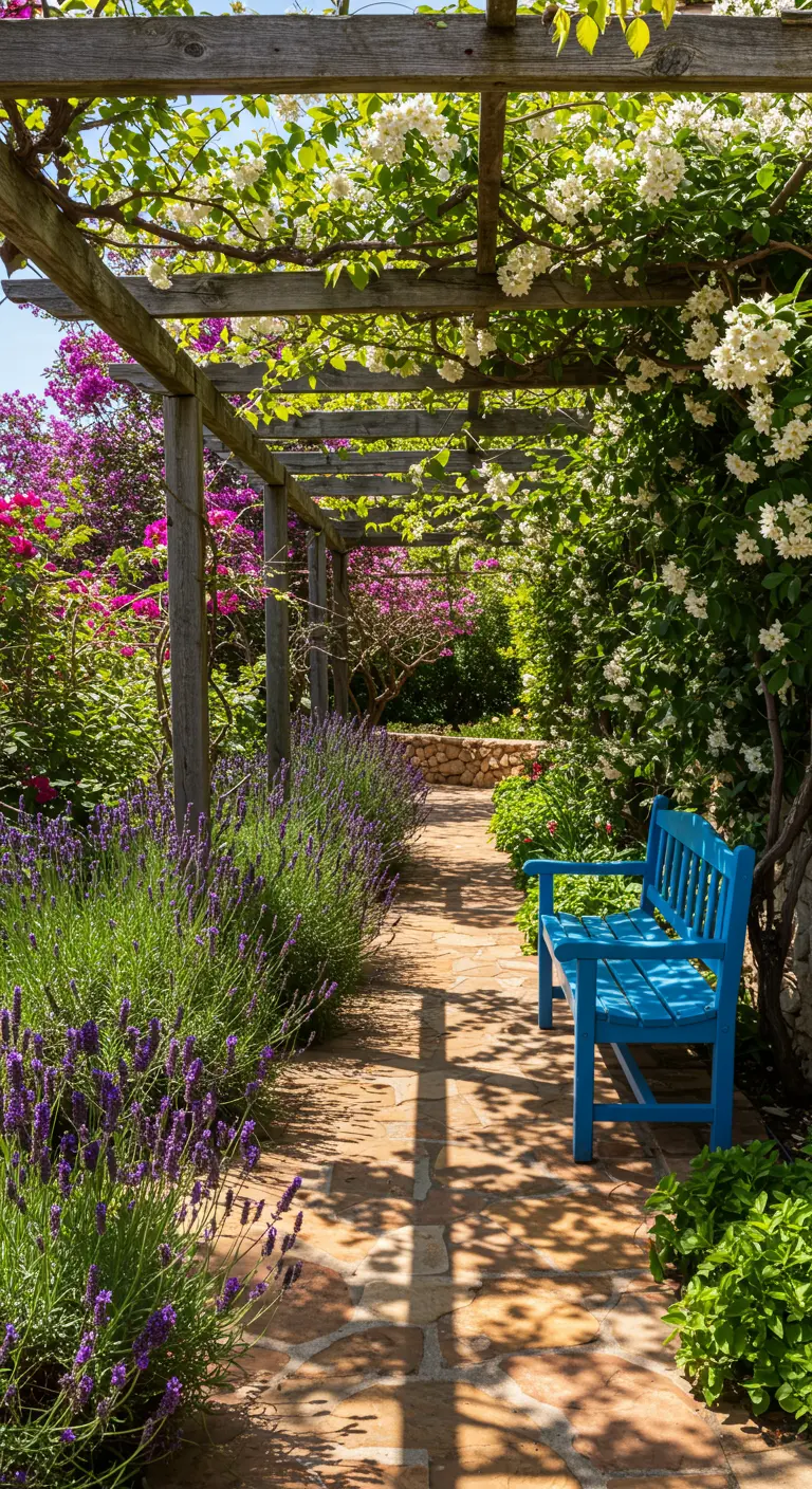 Pergola en bois au-dessus d'une allée de pierres, lavande en fleurs et banc bleu vif.