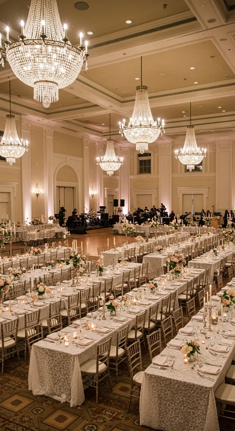 Grande salle de réception élégante avec longues tables, nappes en dentelle, chandeliers et bougies.