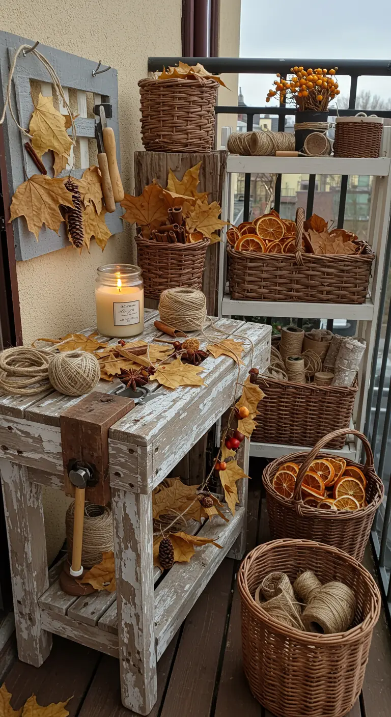 Balcon aménagé en atelier DIY avec une table en bois patiné, paniers d'osier, feuilles séchées, épices.