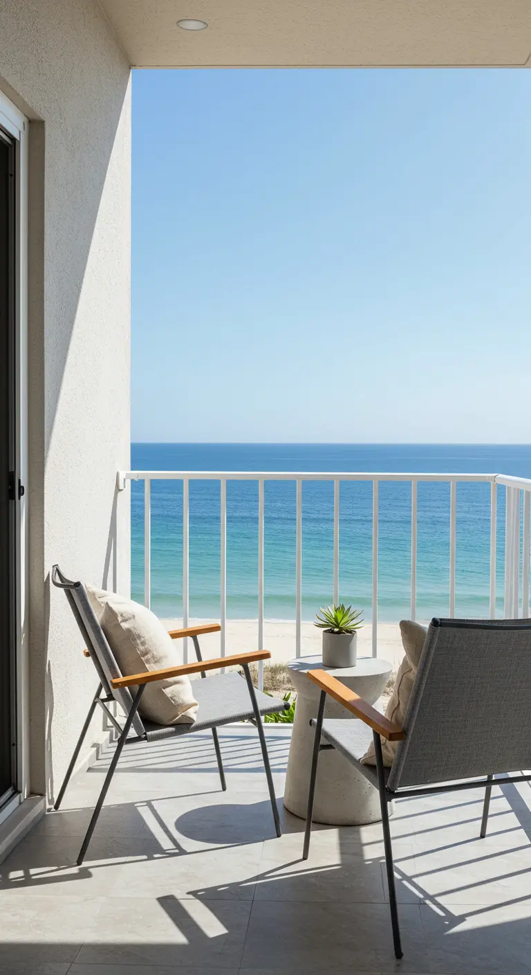 Balcon minimaliste avec deux chaises grises, petite table avec plante, vue sur la mer.