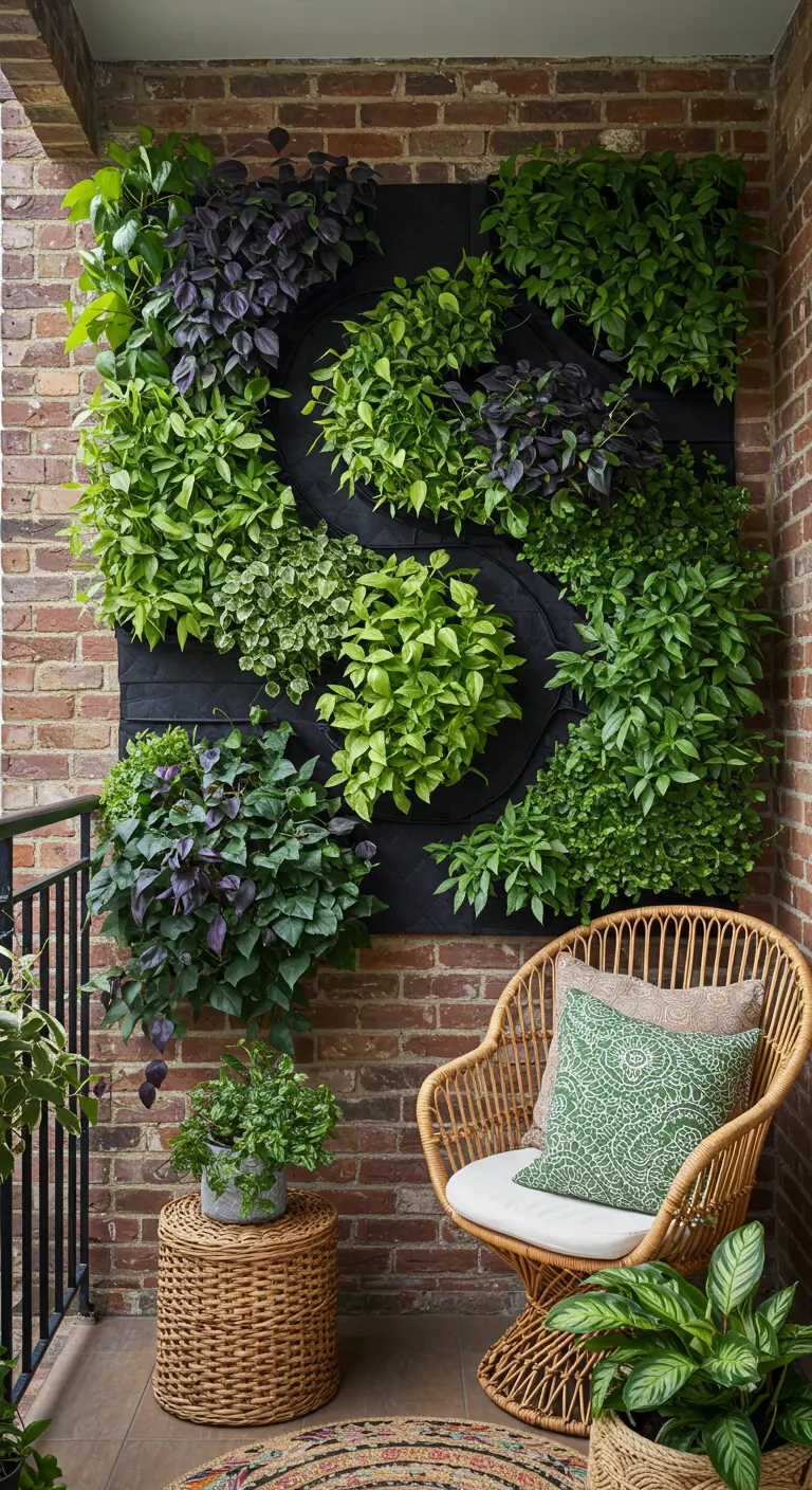 Mur végétal sur un balcon avec un fond noir mettant en valeur diverses plantes vertes et pourpres.