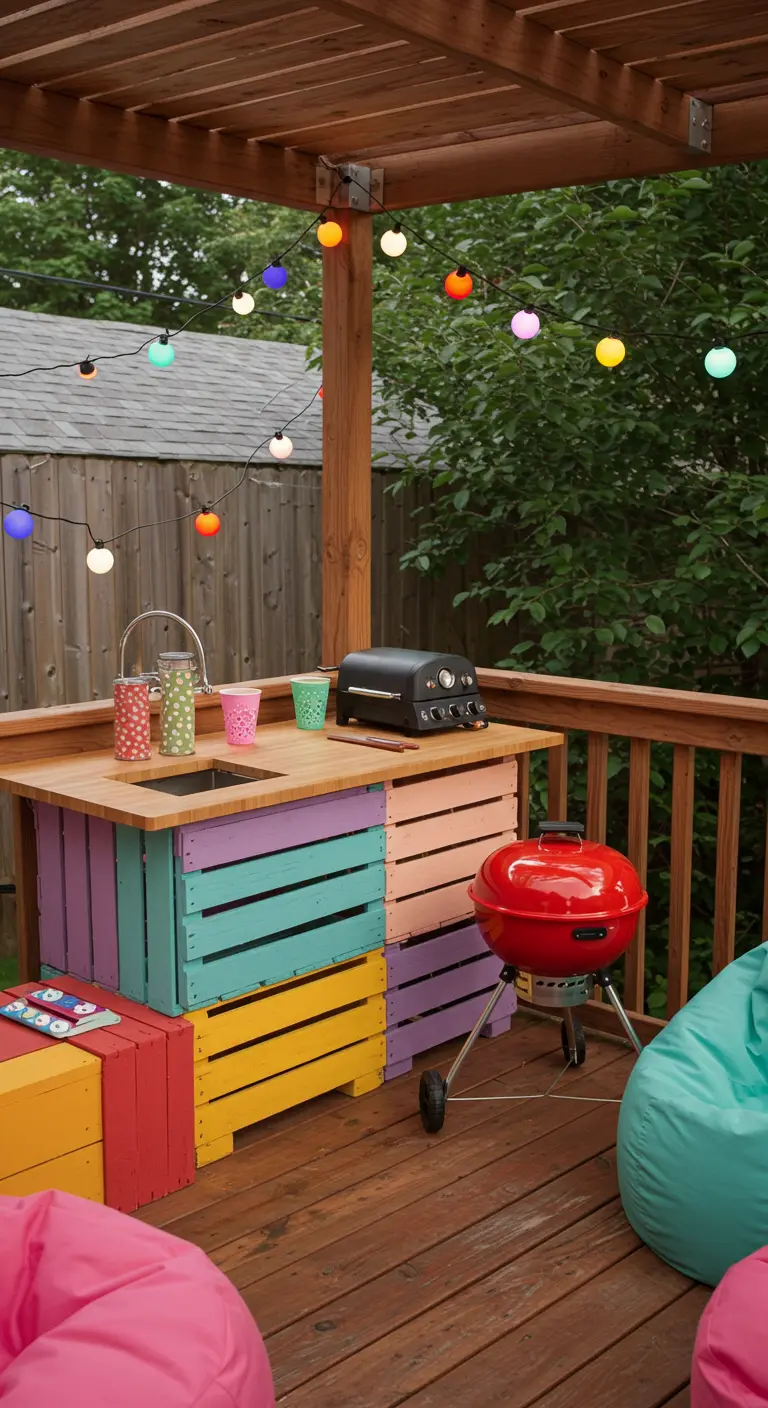 Cuisine extérieure DIY sur balcon avec caisses en bois colorées, comptoir en bois, évier et barbecue portable.