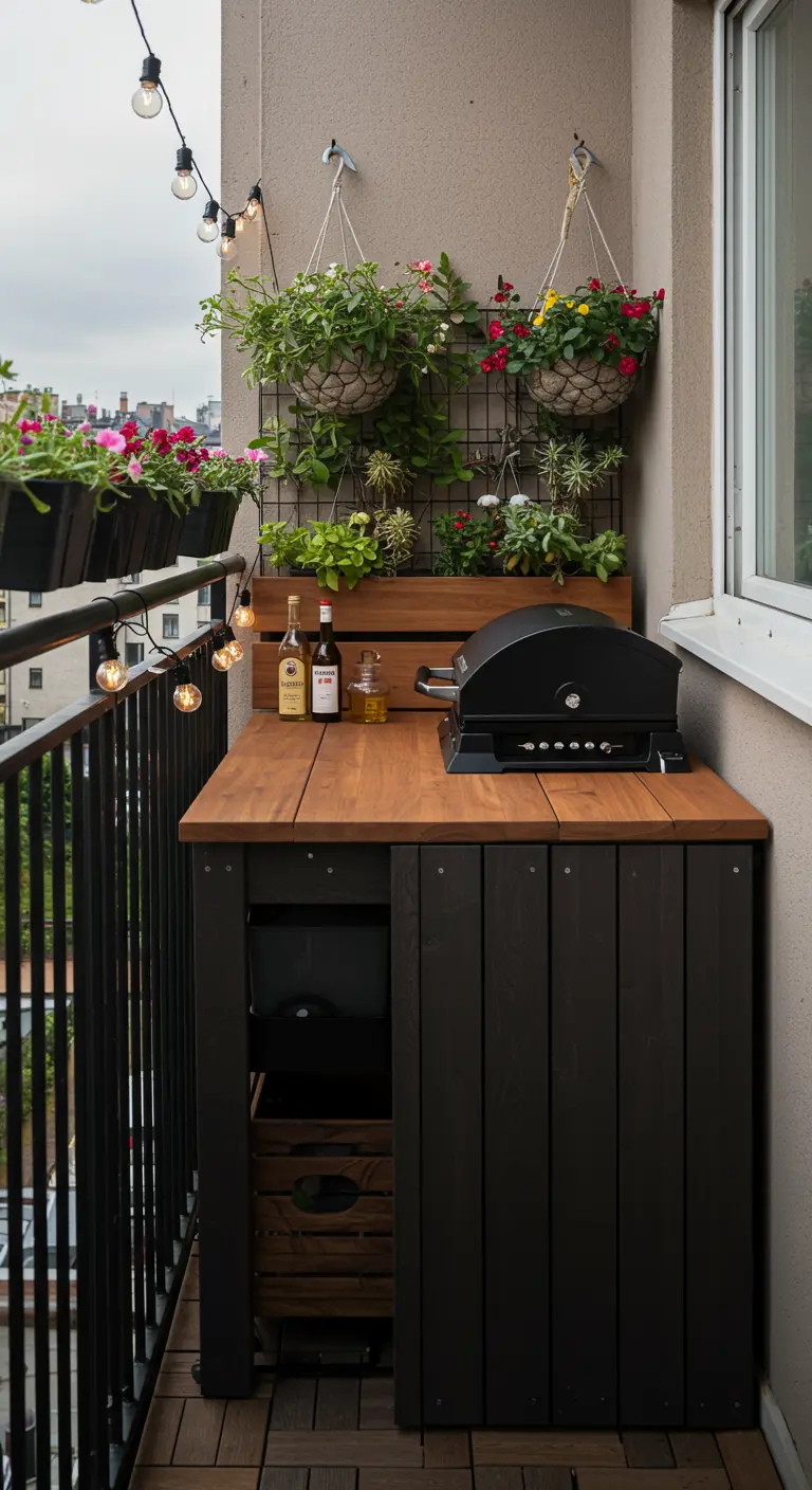 Cuisine extérieure compacte sur balcon avec comptoir en bois, barbecue portable et jardin vertical.