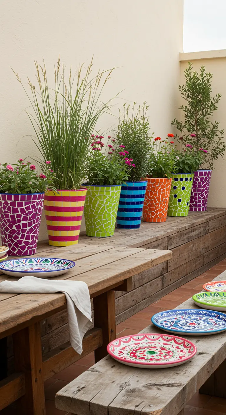 Coin repas extérieur, longue table en bois, rangée de pots mosaïque colorés à rayures et motifs.