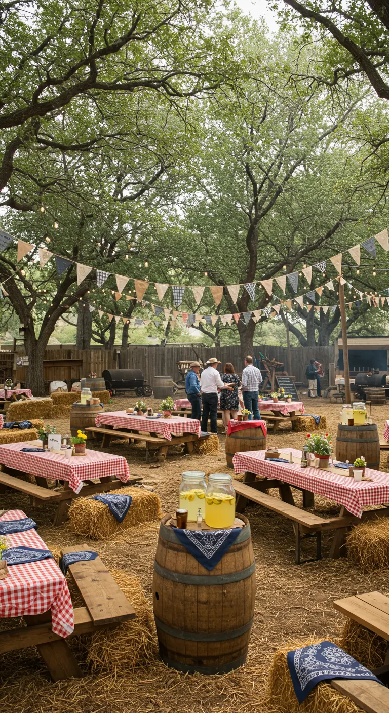 Fête en plein air avec tables de pique-nique, bottes de foin comme sièges, guirlandes et tonneaux.
