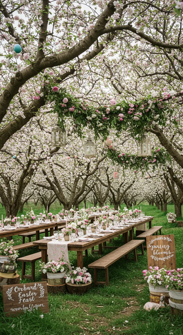 Longues tables de repas sous des cerisiers en fleurs, décorées de guirlandes de roses et lanternes.