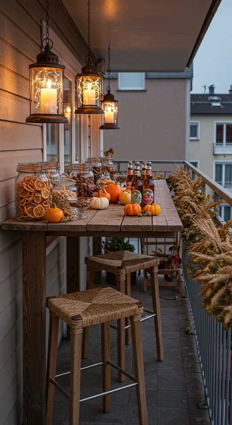 Balcon bar avec table haute, tabourets, bocaux gourmands, citrouilles et lanternes suspendues.