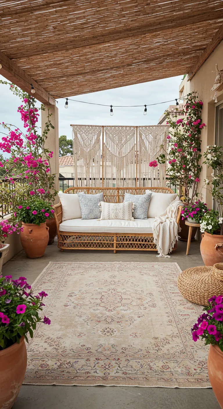 Terrasse avec canapé en rotin, brise-vue macramé, bougainvilliers et grand tapis clair