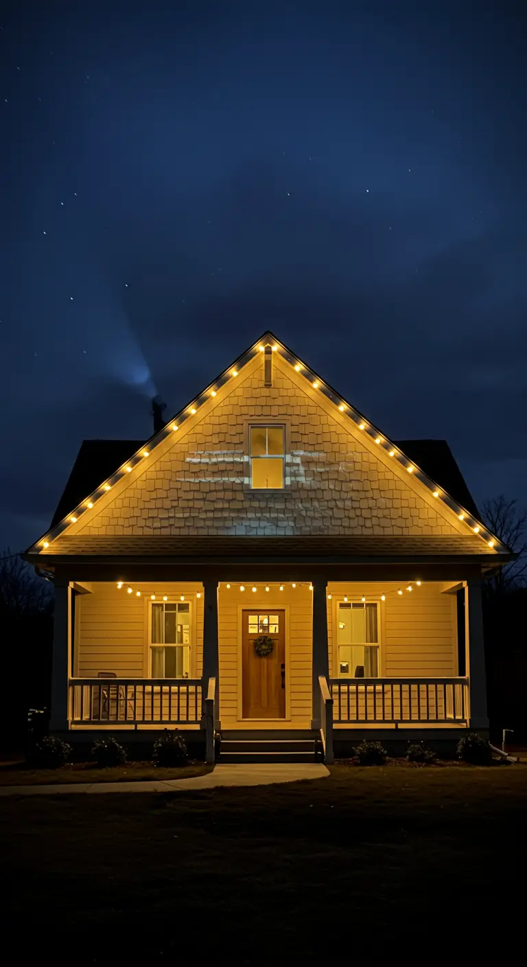 Maison jaune pâle avec un pignon éclairé par des guirlandes lumineuses et un porche accueillant.