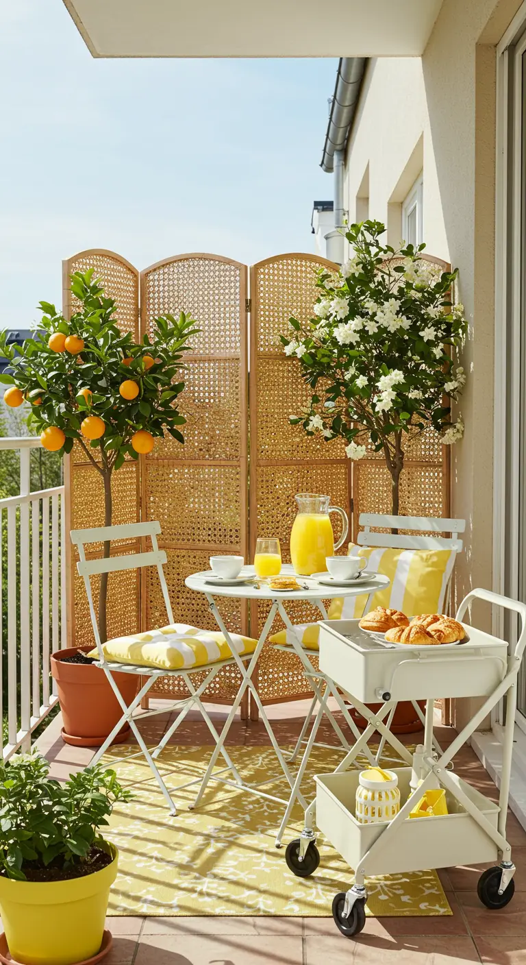 Petit balcon lumineux avec paravent en rotin, table et chaises pliantes jaunes, oranger et un chariot de service.