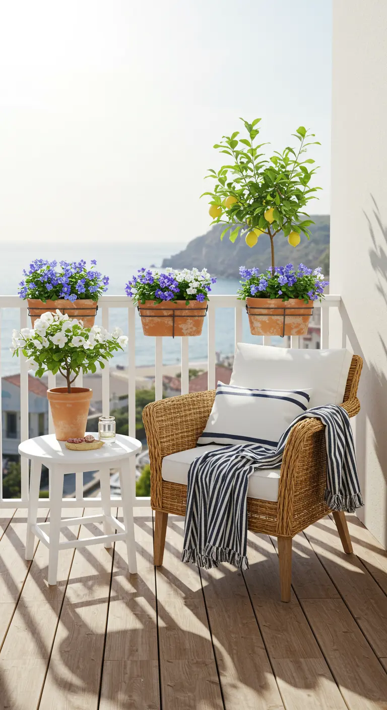 Balcon en bois avec jardinières suspendues de fleurs violettes, citronnier et fauteuil en rotin.