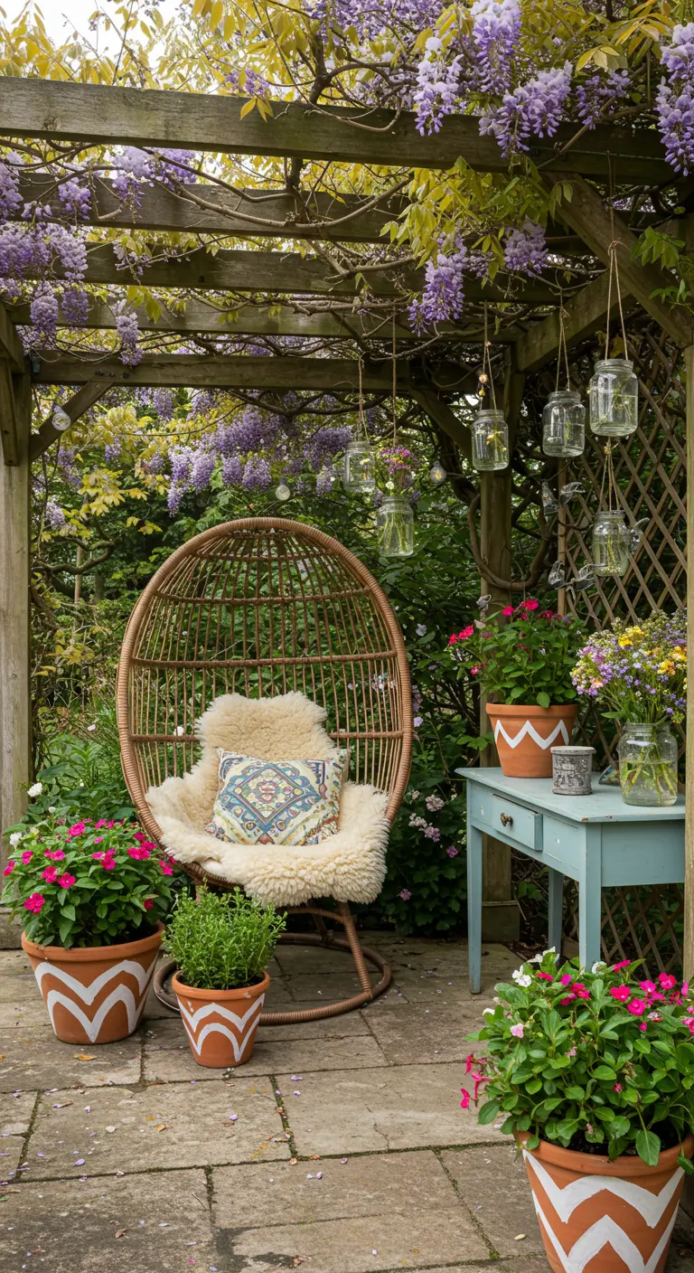 Fauteuil suspendu sous pergola de glycine, pots peints, bocaux lumineux.