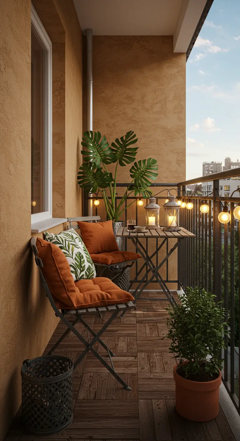 Balcon chaleureux avec table bistro, coussins orange, monstera, guirlandes et lanternes solaires.