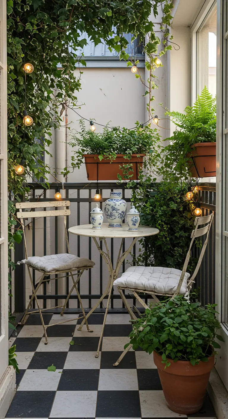 Balcon charmant avec sol à damier, lierre grimpant, table bistro et pots de plantes.