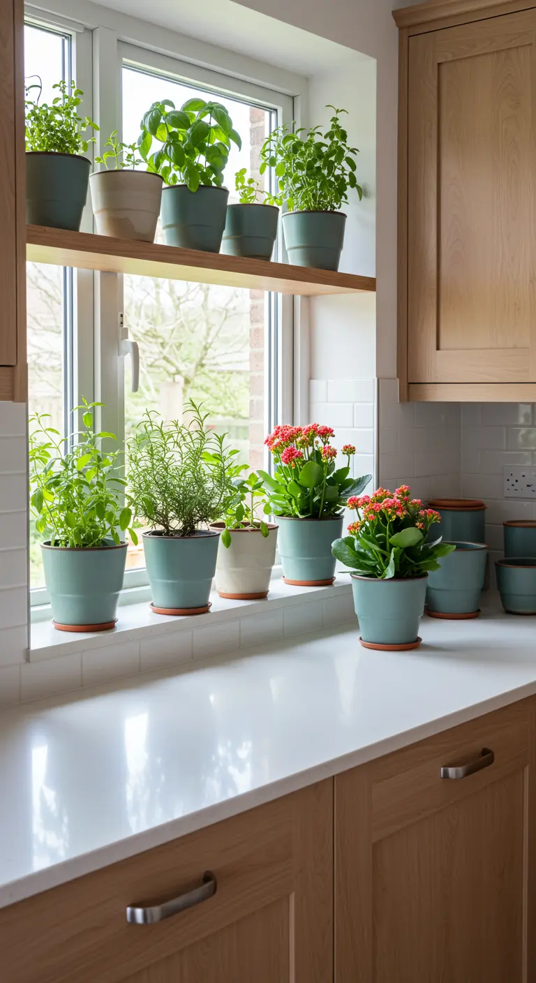 Rebord de fenêtre de cuisine avec des pots vert sauge et beiges contenant herbes et fleurs.