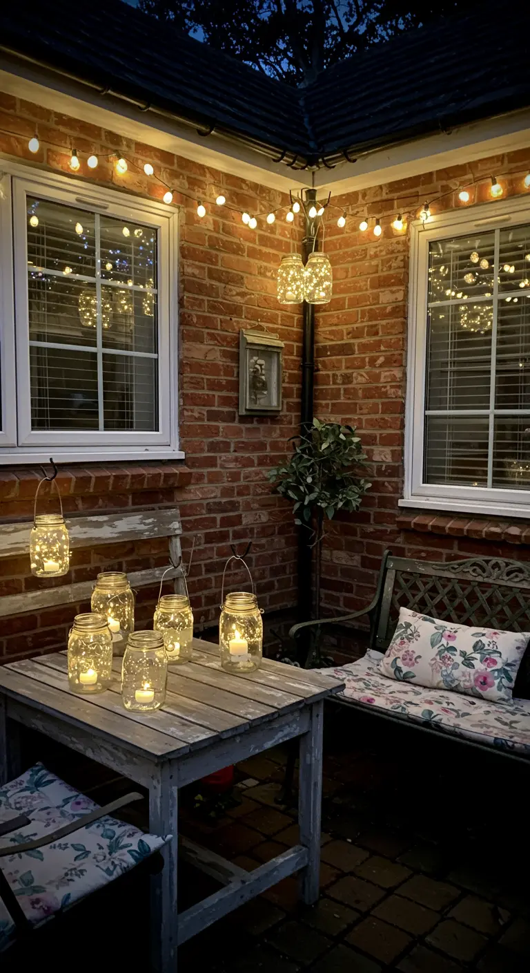 Coin de patio en briques avec guirlandes lumineuses, bocaux LED sur table et banc, et lanternes suspendues.