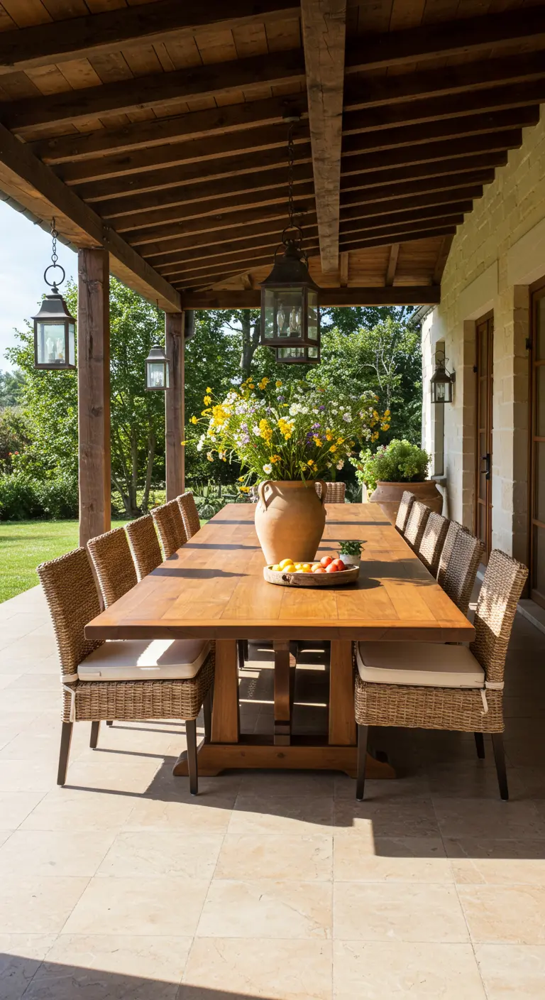 Longue table en bois patiné, chaises en osier tressé, vase de fleurs et lanternes sous une tonnelle.