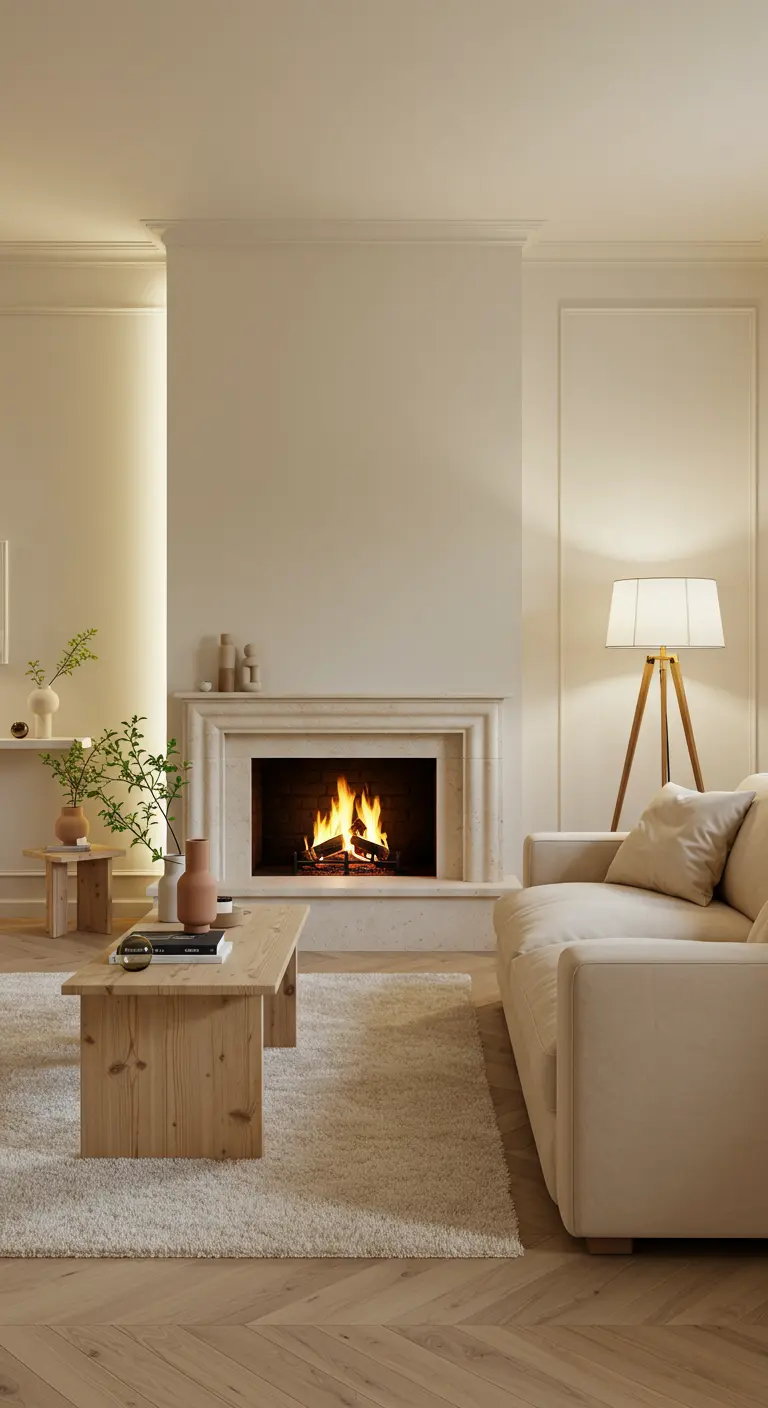 Salon cosy avec cheminée blanche, canapé crème, table basse en bois clair, lampadaire.
