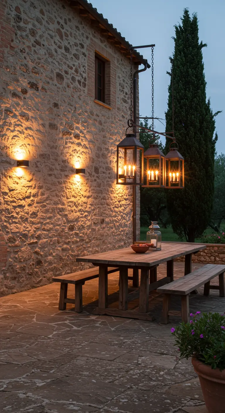 Terrasse rustique en pierre avec grande table en bois, appliques murales et lanternes suspendues.
