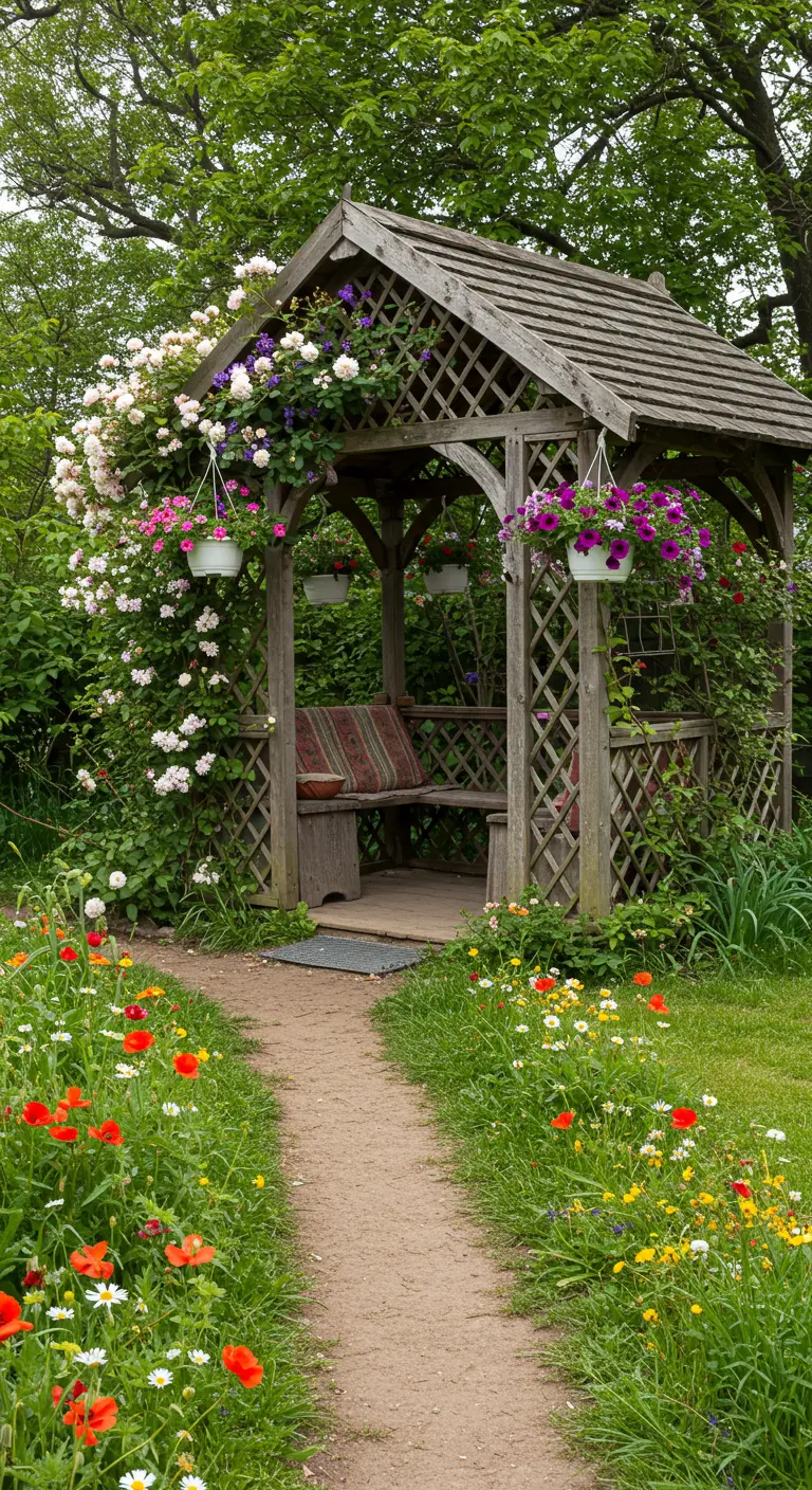 Gazebo en bois couvert de roses grimpantes, paniers fleuris, entouré de fleurs sauvages.