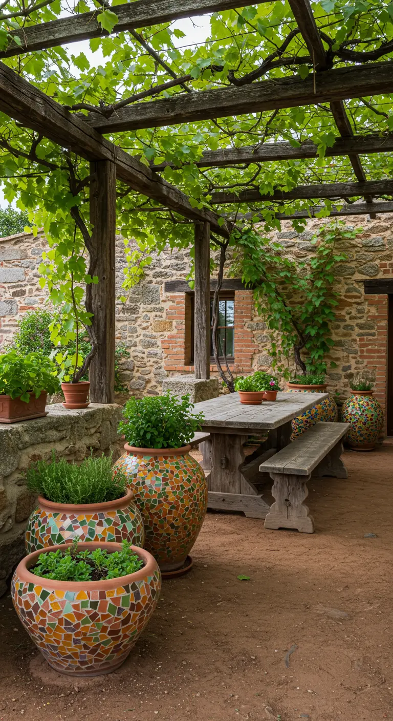 Maison en pierre rustique, pergola en bois, table en bois massif et pots mosaïque orange et verts.