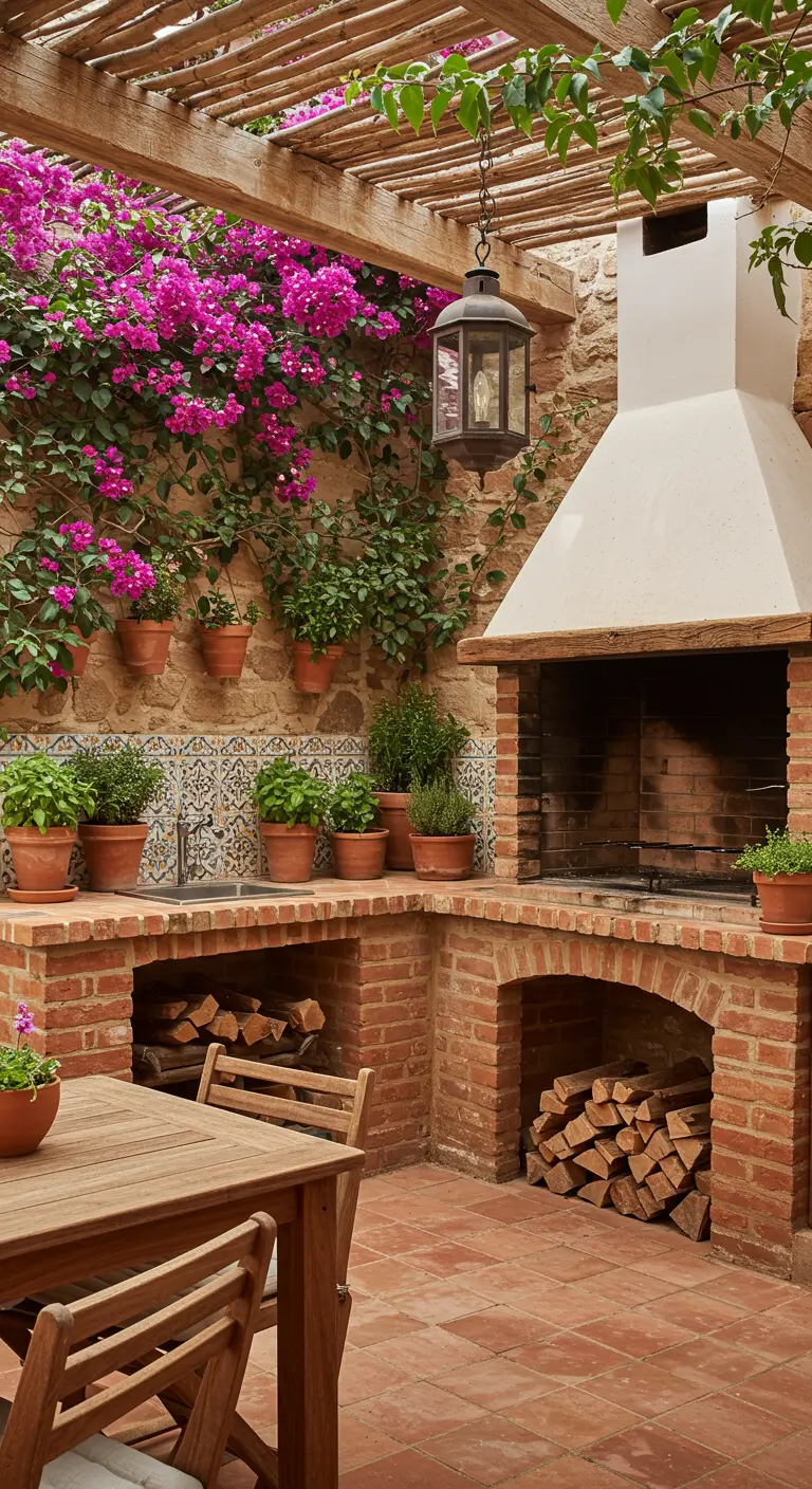 Cuisine extérieure rustique en briques avec cheminée, comptoir en bois et mur fleuri de bougainvilliers.