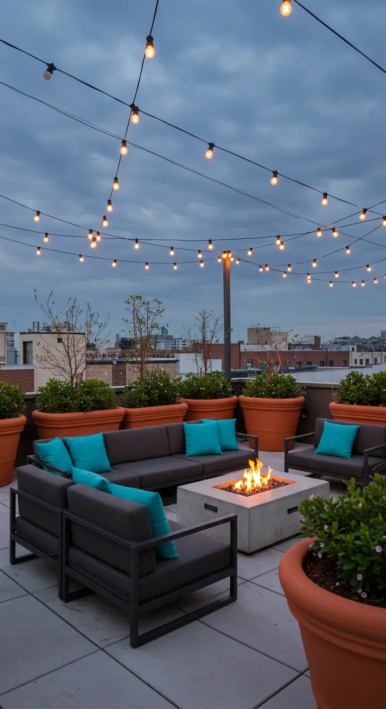 Terrasse sur le toit avec guirlandes lumineuses, grand canapé, jardinières oranges, et brasero.