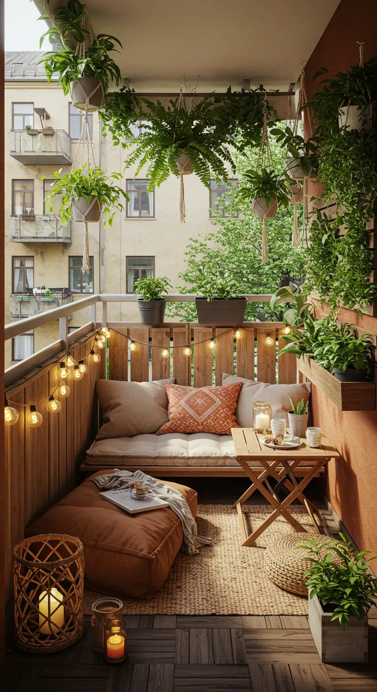 Balcon bohème avec coussins de sol, plantes suspendues, guirlande lumineuse et panneaux de bois.