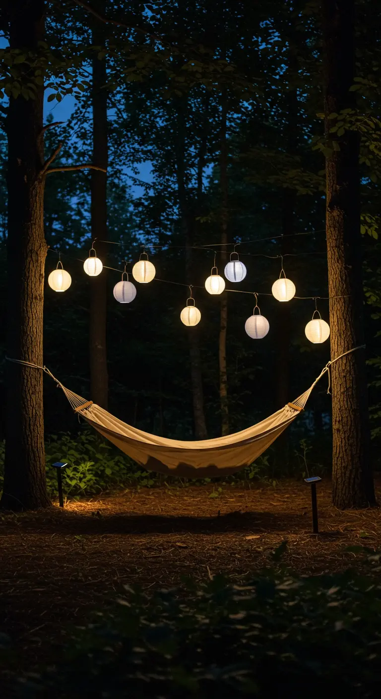 Hamac tendu entre des arbres, éclairé par des lampions blancs suspendus.