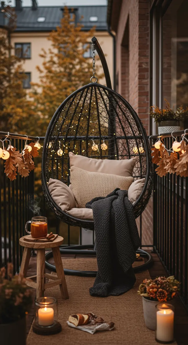 Fauteuil suspendu avec plaid, coussins, guirlandes lumineuses, bougies et feuilles d'automne.