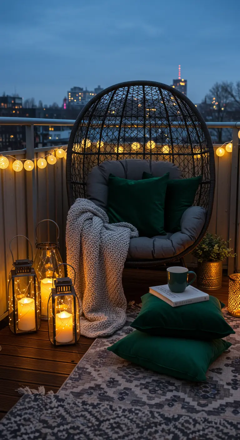 Chaise suspendue cocooning avec coussins verts, plaid gris, lanternes et guirlande lumineuse.