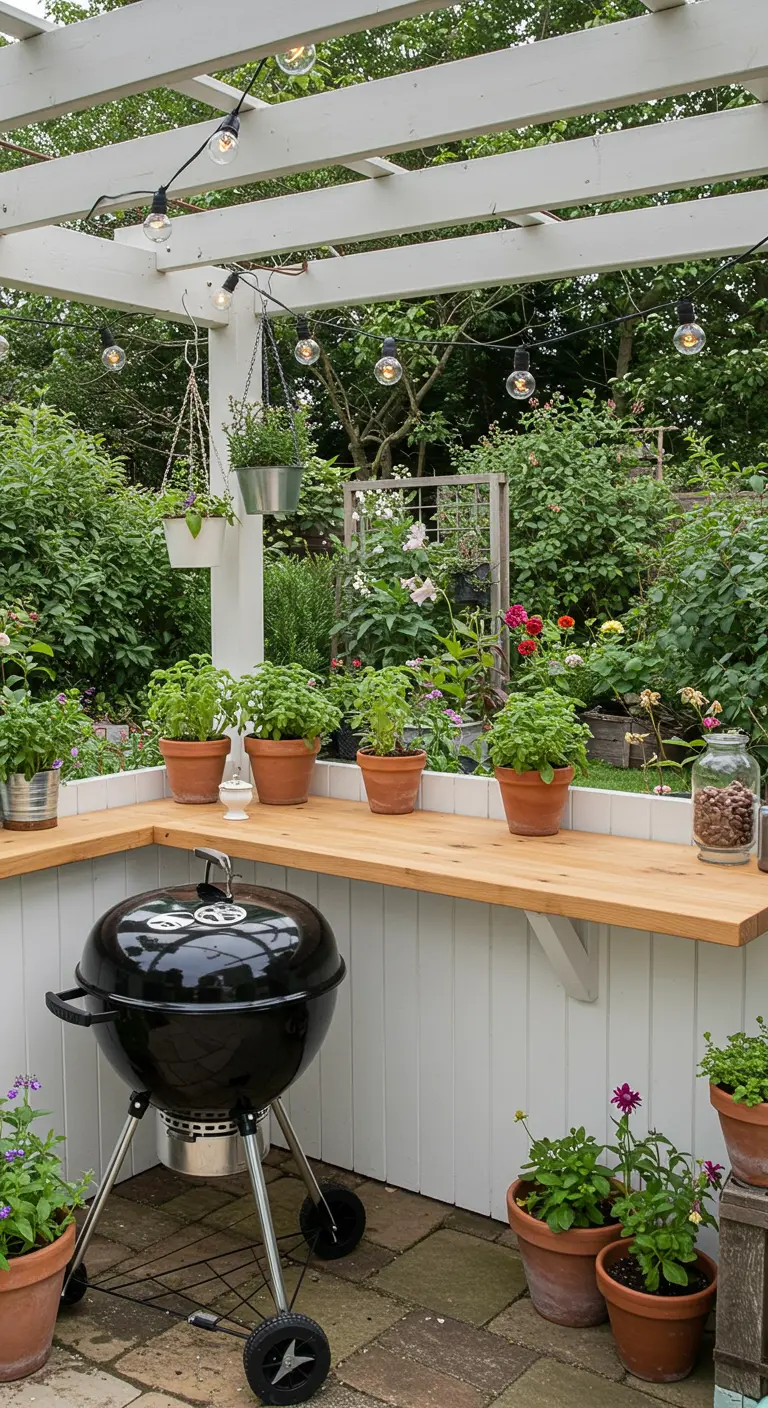 Coin barbecue bucolique avec comptoir en bois, herbes aromatiques en pots suspendus et guirlandes lumineuses.
