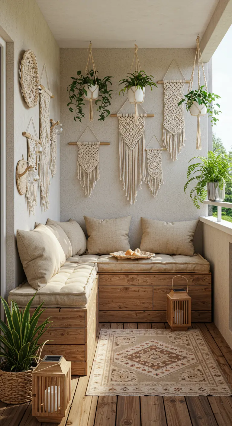 Balcon avec banquette d'angle en bois, rangements intégrés, tapis et plusieurs macramés muraux.