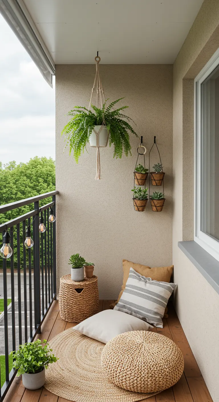 Petit balcon aménagé avec une fougère suspendue, des porte-plantes muraux, un tapis et un pouf.