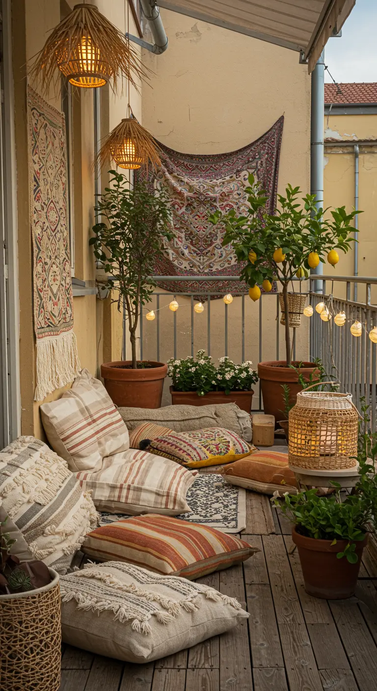 Balcon bohème avec coussins au sol, tapisseries murales, lampions et citronniers en pots.