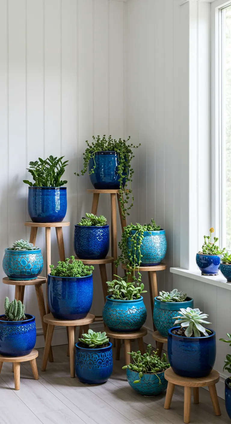 Coin intérieur avec une collection de pots bleus et turquoises sur des tabourets en bois, remplis de succulentes.