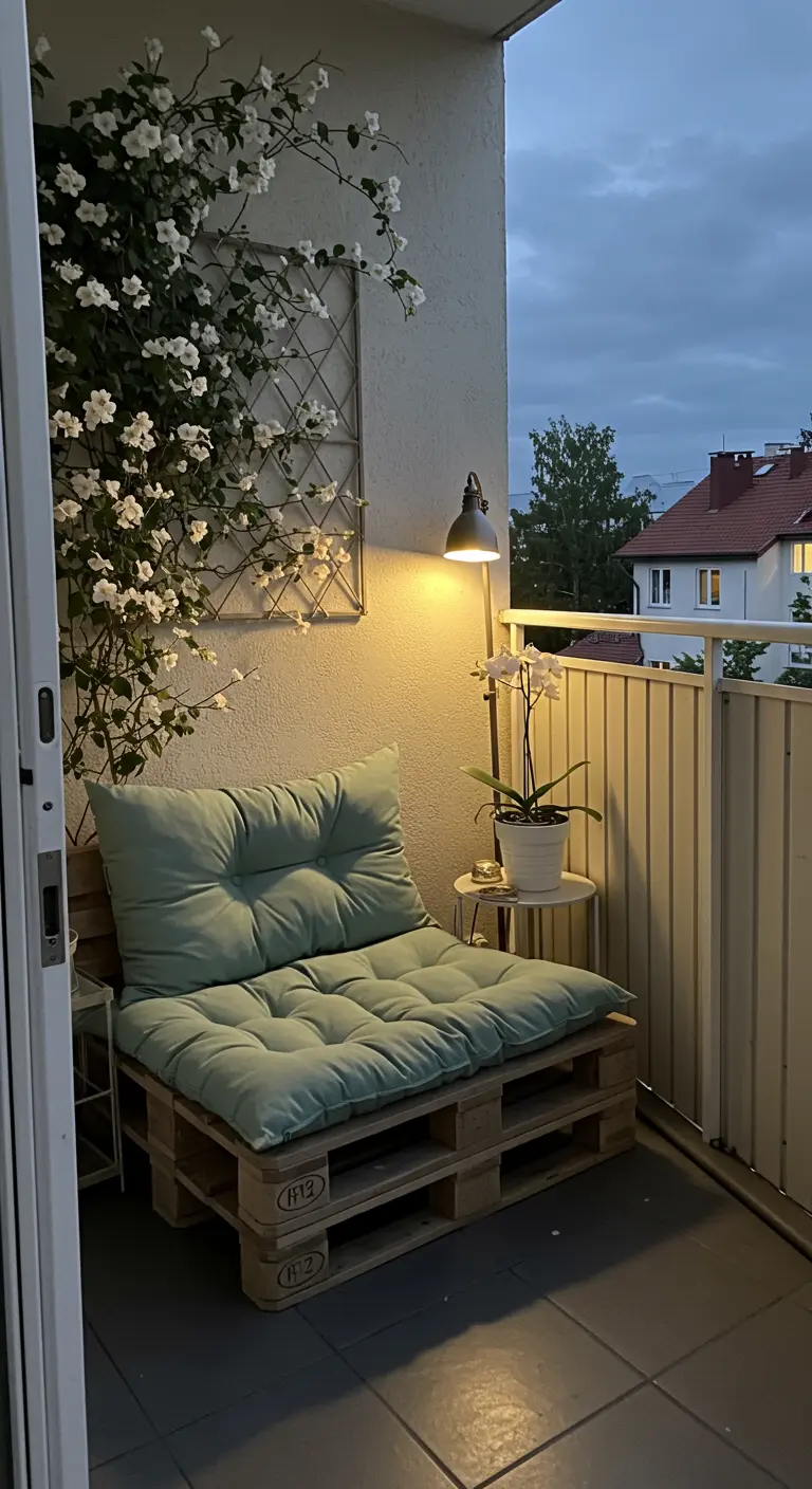 Petit balcon cosy avec fauteuil en palettes, coussin vert menthe, lampe sur pied, jasmin grimpant et orchidée.