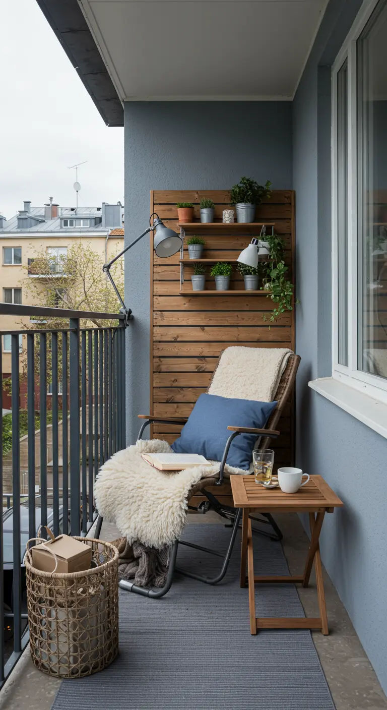 Coin lecture sur balcon avec fauteuil, plaid, table pliante en bois et panier de rangement.