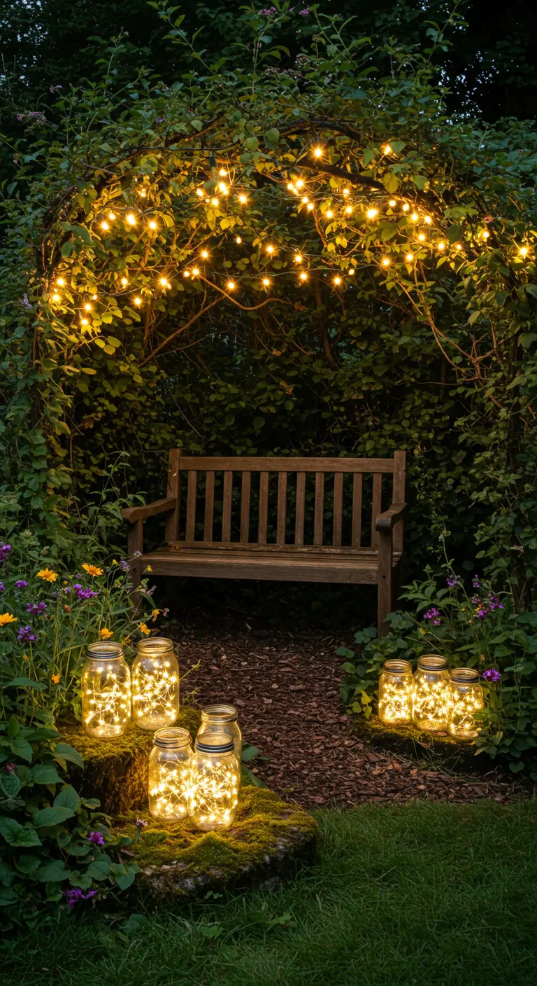 Banc en bois niché sous une arche de verdure illuminée par des guirlandes, avec des bocaux lumineux posés sur des souches d'arbre.