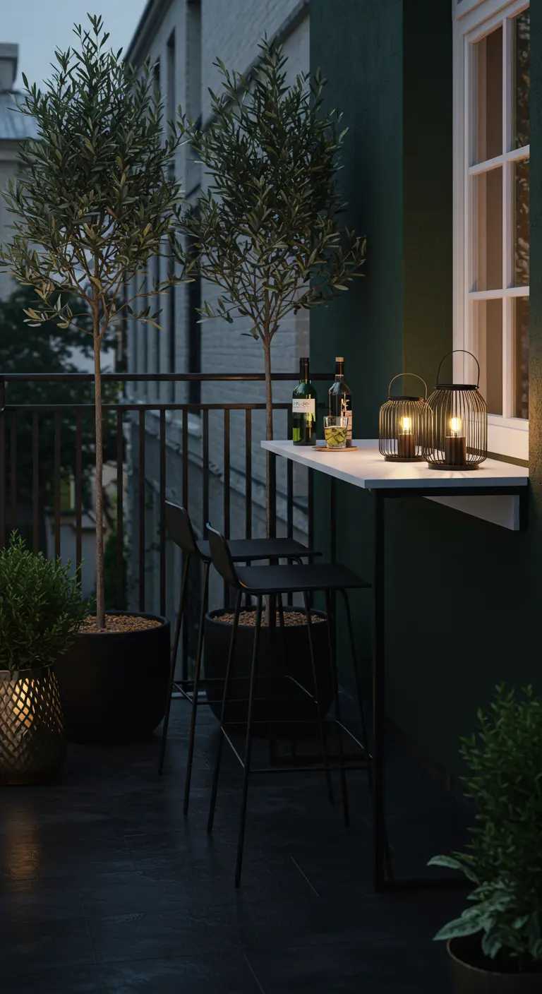 Balcon urbain sombre avec table de bar murale, tabourets et oliviers en pots noirs.