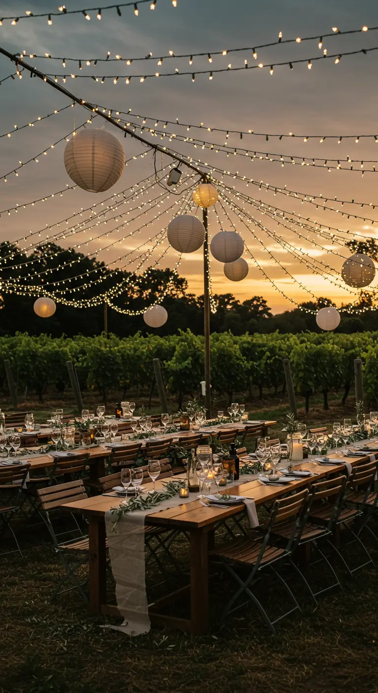 Dîner de mariage au coucher du soleil dans un vignoble, illuminé par des lampions et guirlandes.