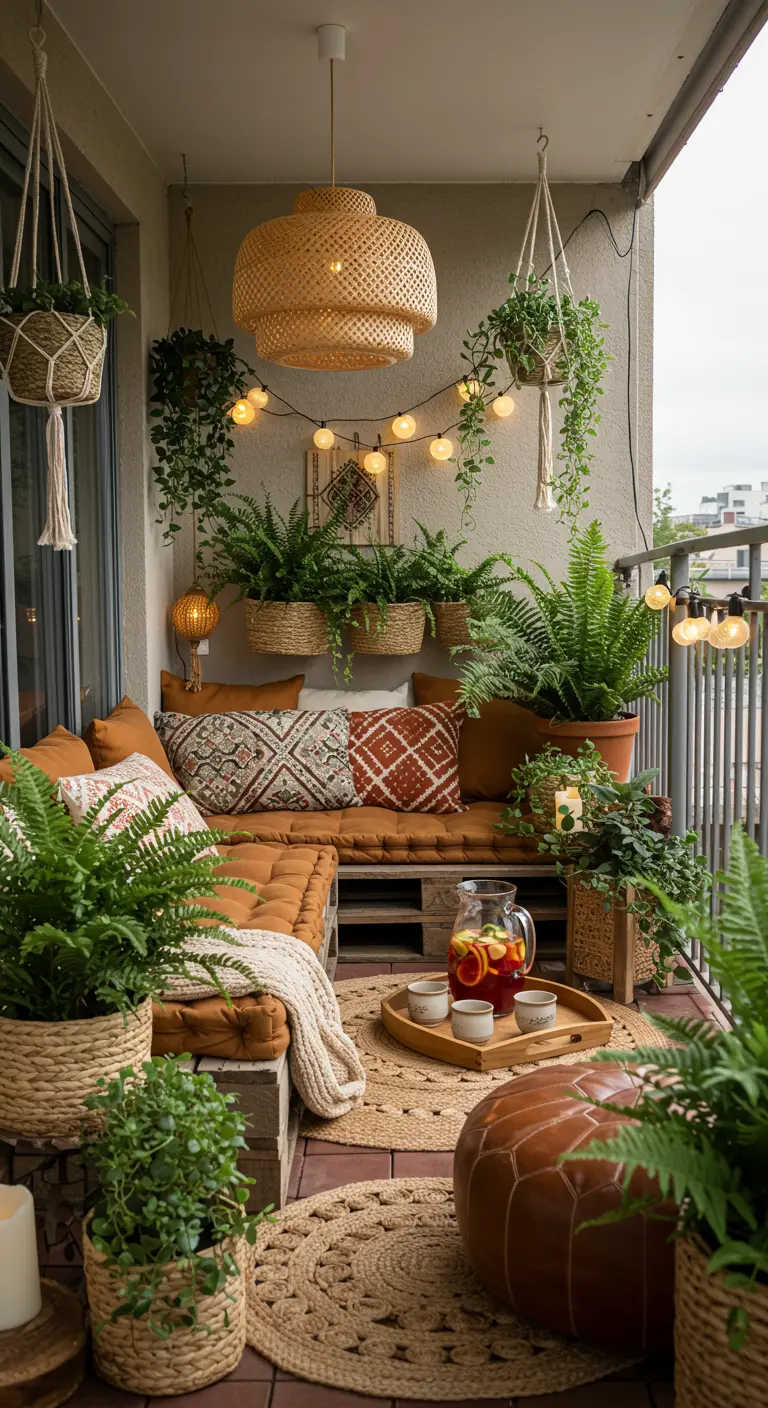 Balcon bohème avec canapé palettes, fougères, plantes suspendues en macramé et tapis rond.