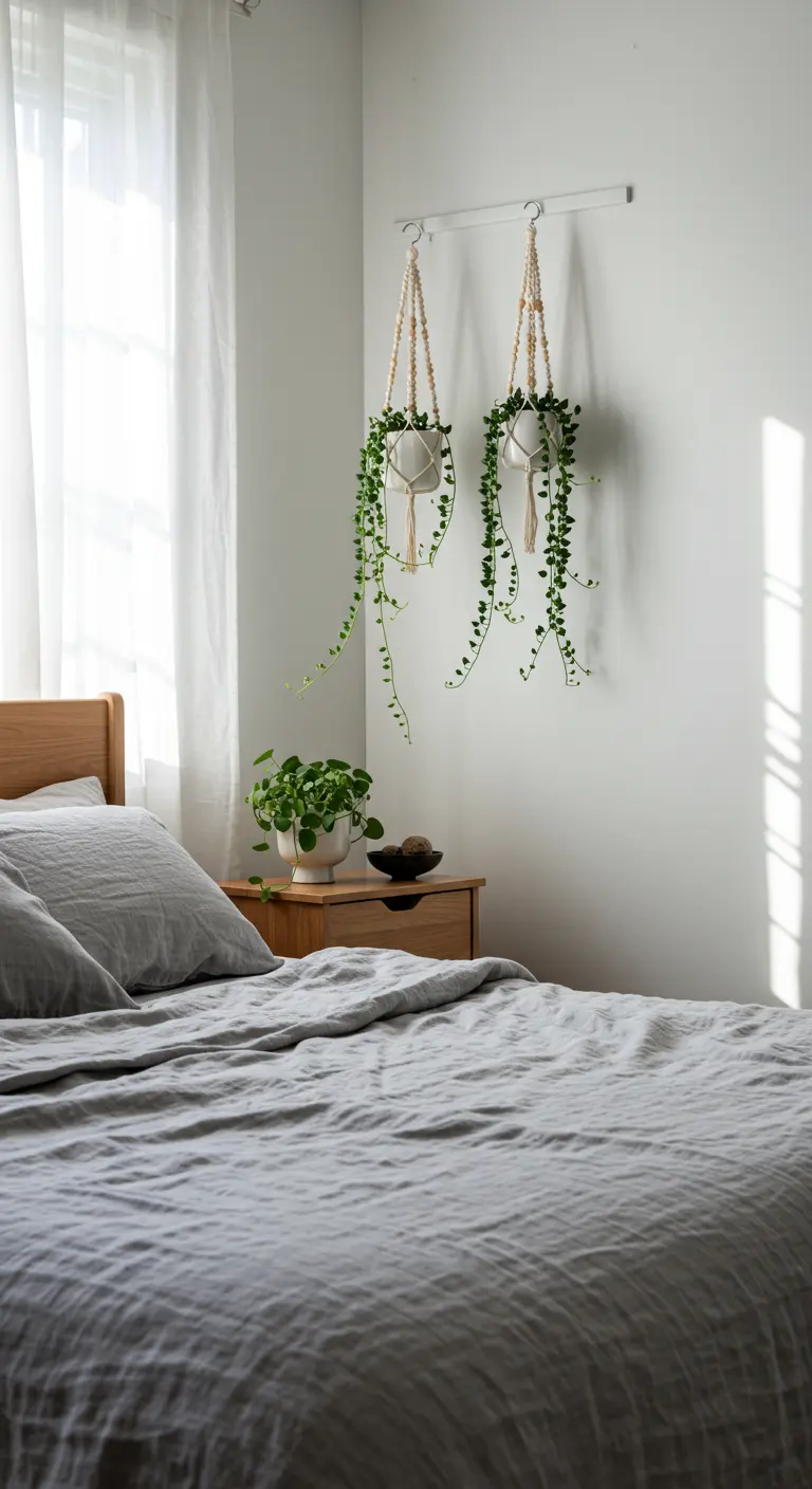 Deux pots suspendus en macramé avec plantes tombantes au-dessus de tables de nuit en bois, dans une chambre lumineuse.