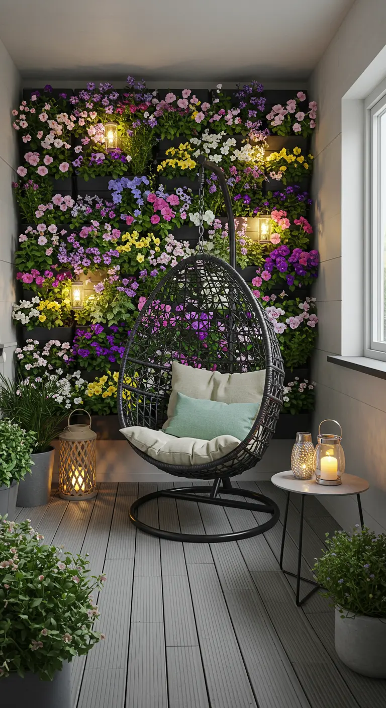 Balcon avec fauteuil œuf suspendu, mur végétal fleuri et lanternes éclairées le soir.