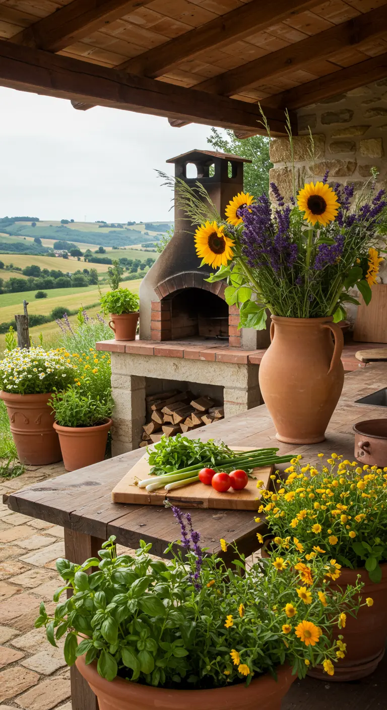 Table de cuisine extérieure avec barbecue, pots de fleurs et un bouquet de tournesols et lavande.