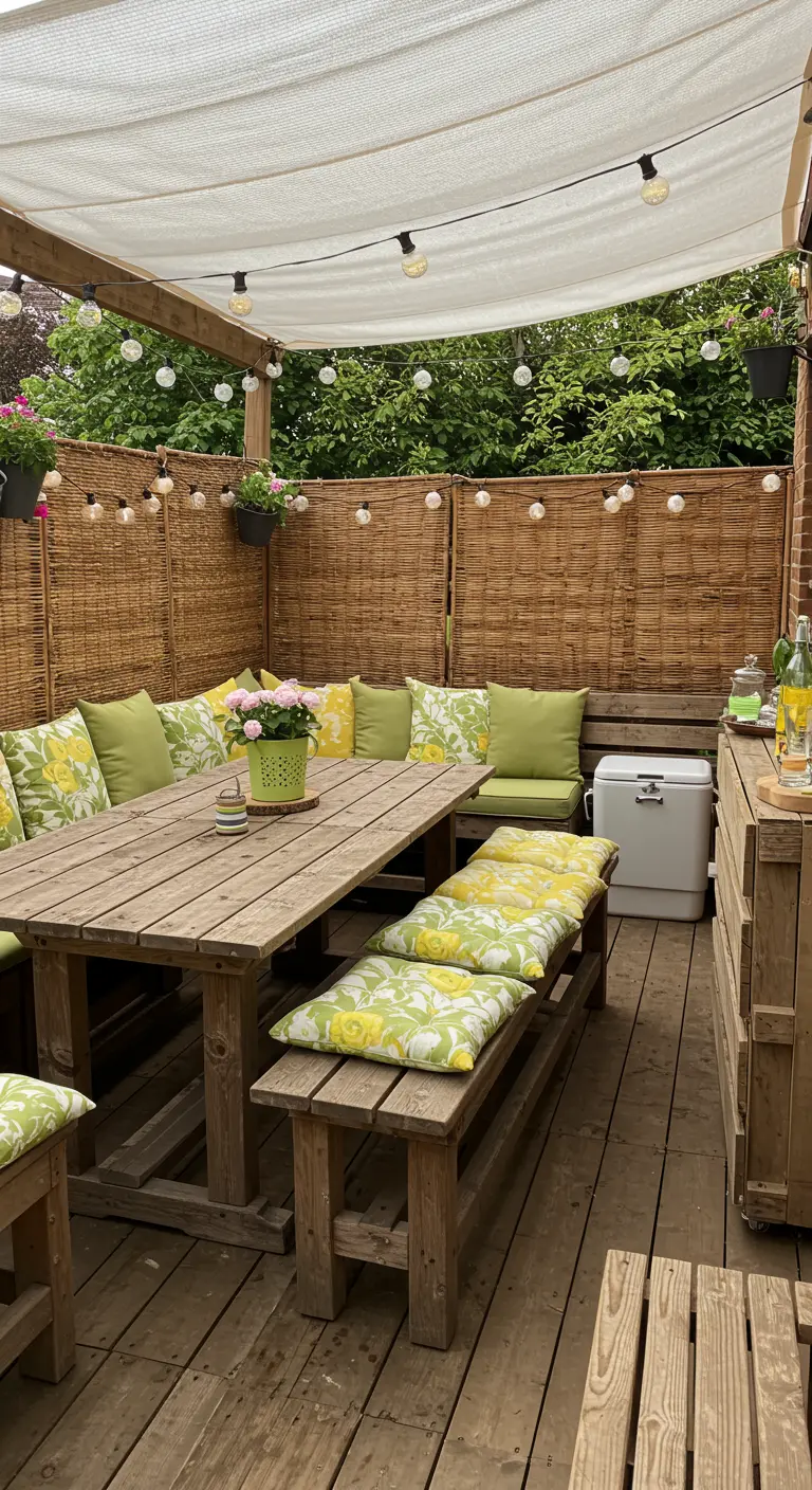 Grande terrasse en bois avec table et bancs, paravent en rotin, coussins à motifs et un mini-bar improvisé.