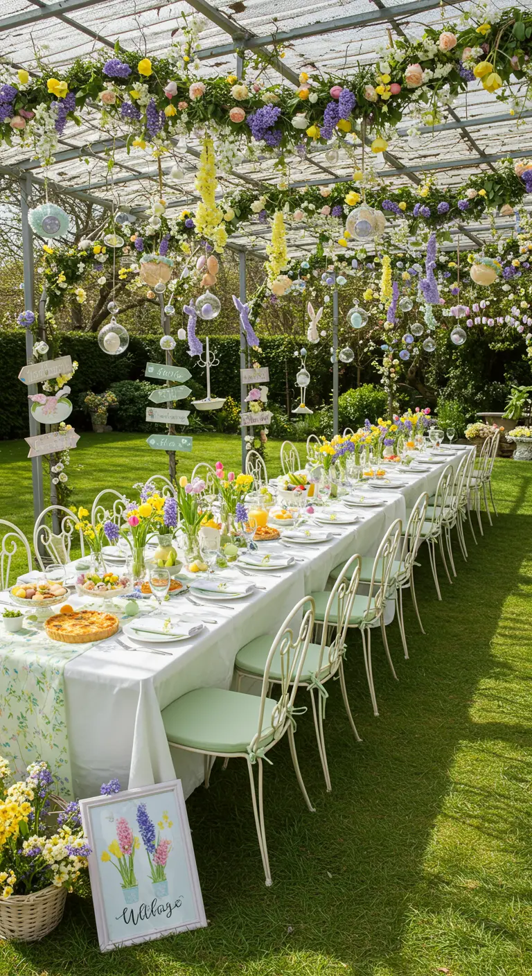 Longue table de brunch de Pâques sous une pergola décorée de fleurs pastel et de suspensions.