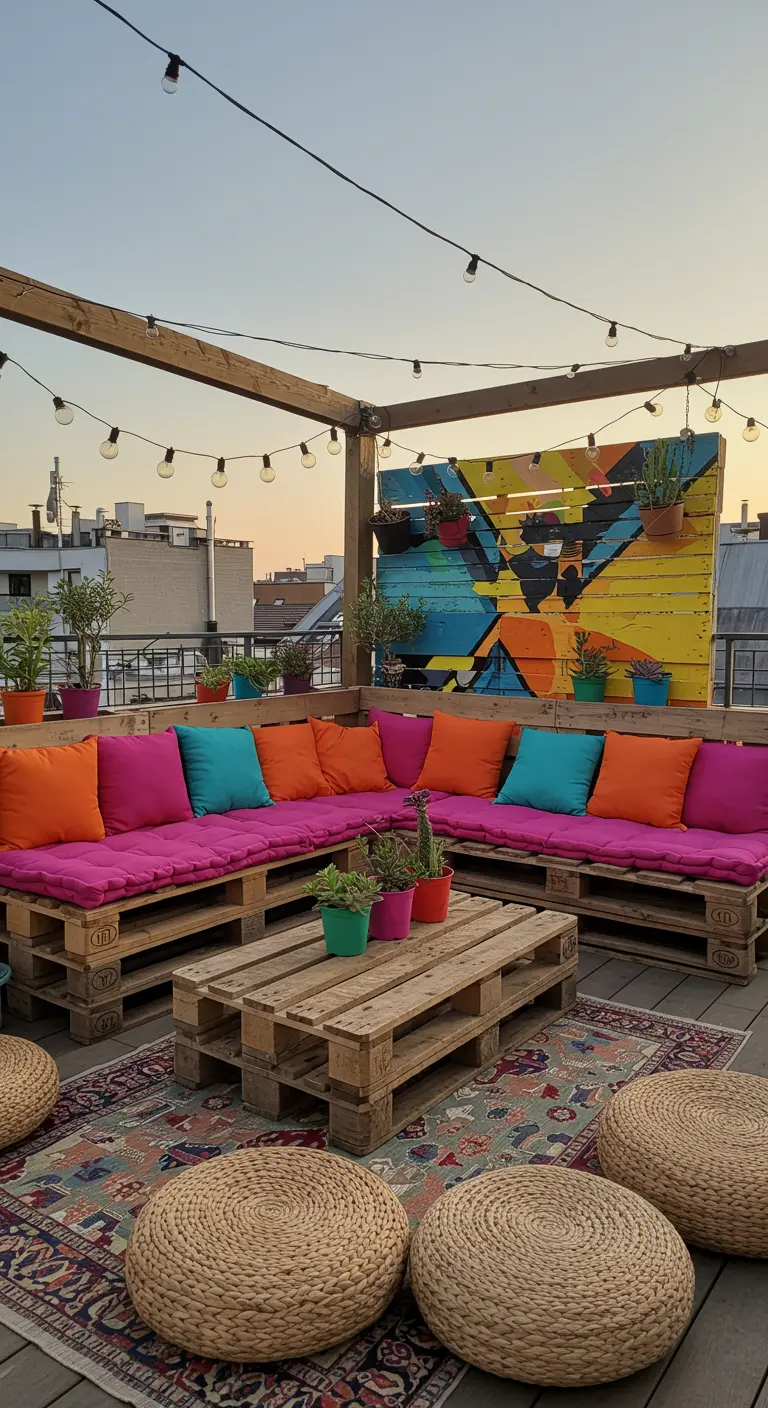 Salon de jardin DIY avec palettes brutes, coussins vifs, tapis coloré et poufs tressés sur terrasse.